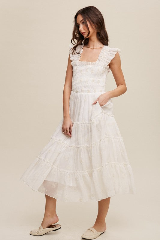 Zazzlyn Flower Embroidered Smocked Ruffle Romantic Dress