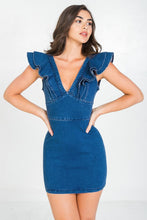 Load image into Gallery viewer, Womens Ruffled Medium Washed Bodycon Denim Dress
