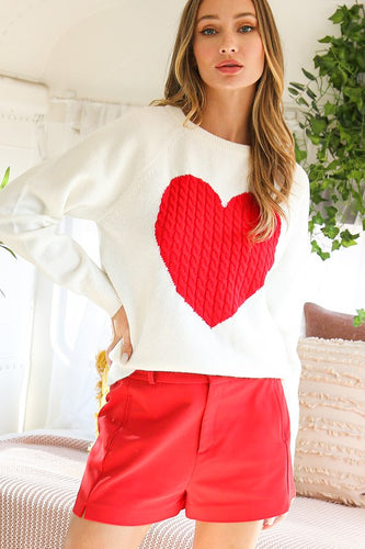 Womens White Long Sleeve Red Heart Shape Sweater Top